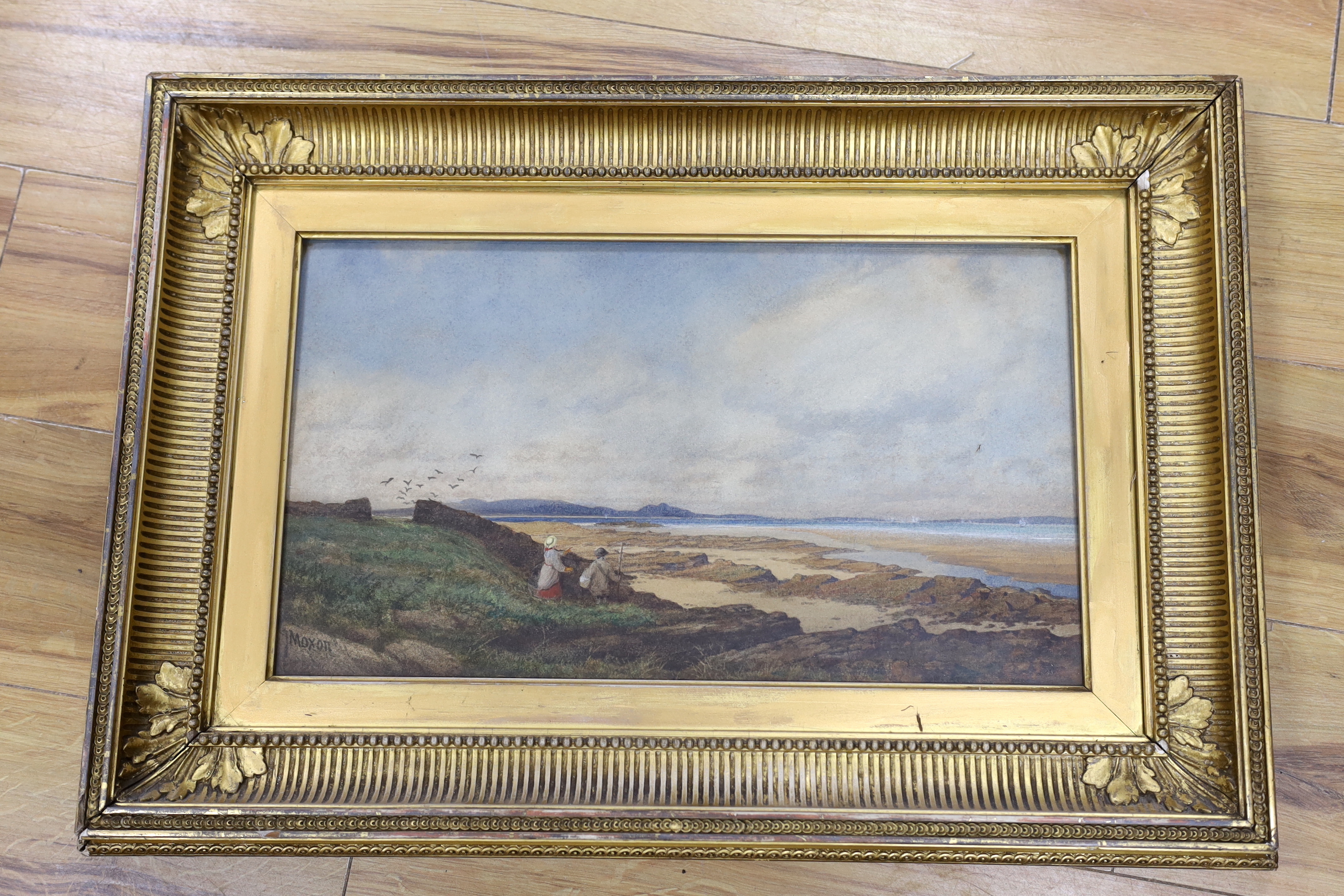 Herbert Moxon Cook (1844-1928), watercolour, Figures on a beach, signed, 26 x 46cm, housed in an ornate gilt frame